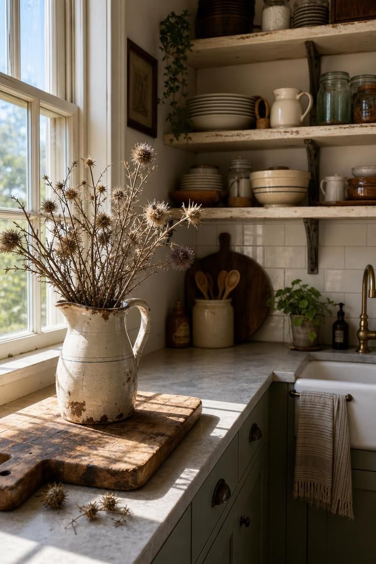 15 Vintage Fall Decor Ideas With Old-World Autumn Charm 12 A chipped ironstone pitcher holding dried thistle stems on a vintage cutting board with knife marks, on a kitchen counter in bright midday light.