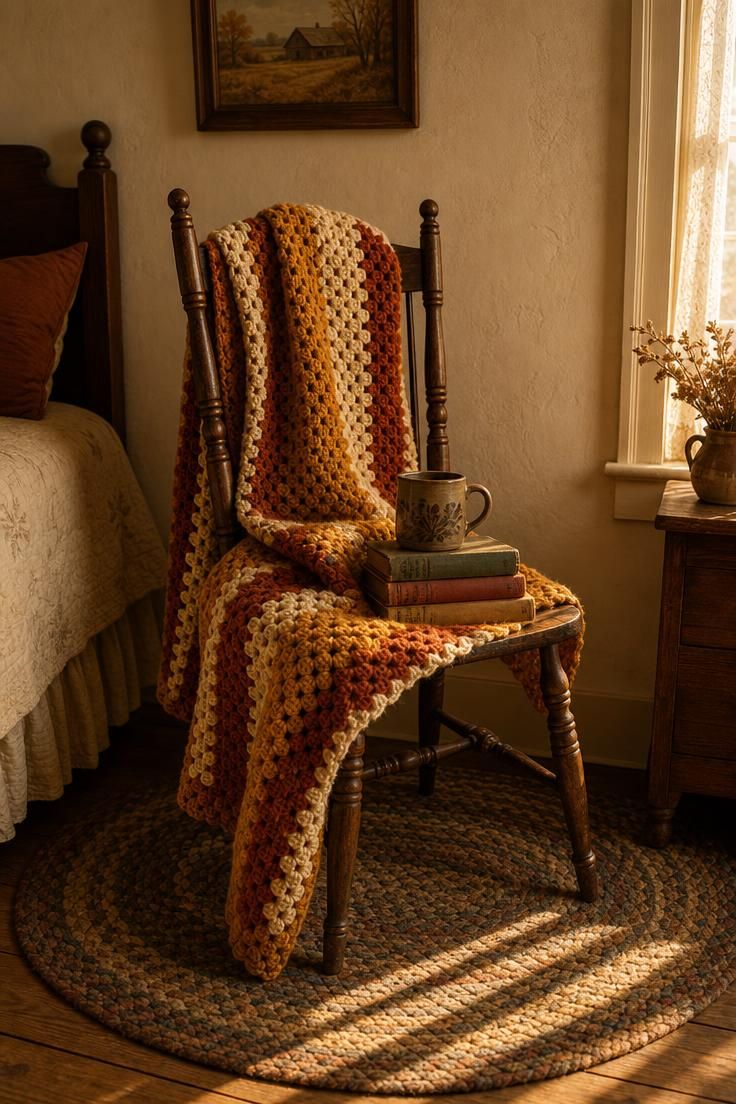 15 Vintage Fall Decor Ideas With Old-World Autumn Charm 13 A hand-crocheted afghan in harvest gold, rust, and cream draped over a dark spindle-back chair with old books and a pottery mug on the seat, in warm golden light.