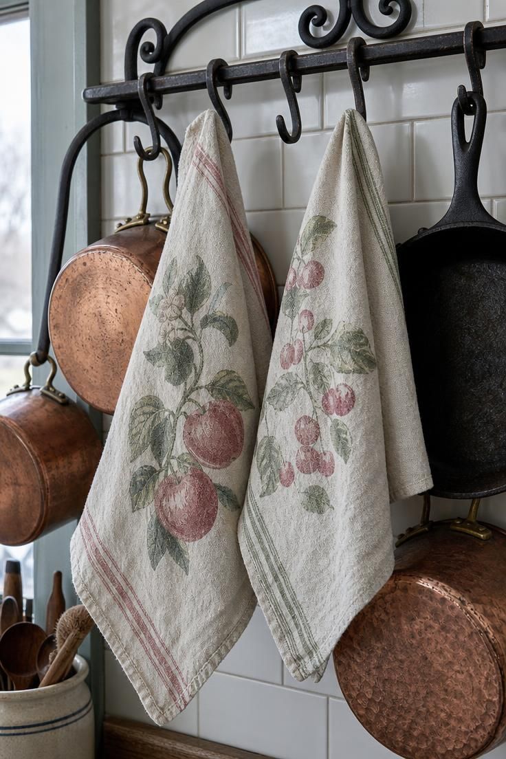 15 Vintage Fall Decor Ideas With Old-World Autumn Charm 14 Two printed flour sack towels with faded botanical motifs hanging from a wrought iron pot rack beside copper pots in cool overcast kitchen light.