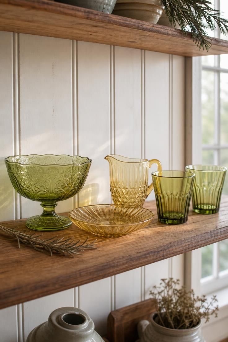 15 Vintage Fall Decor Ideas With Old-World Autumn Charm 15 Depression-era glass pieces in olive green and pale ochre on an open kitchen shelf, with soft diffused light passing through the translucent glass.