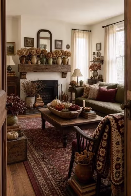 15 Vintage Fall Decor Ideas With Old-World Autumn Charm A vintage living room styled for fall with McCoy pottery on a rough mantel, velvet pumpkins in a dough bowl, a crocheted afghan on a wooden chair, and stacked old books throughout, in soft diffused light.