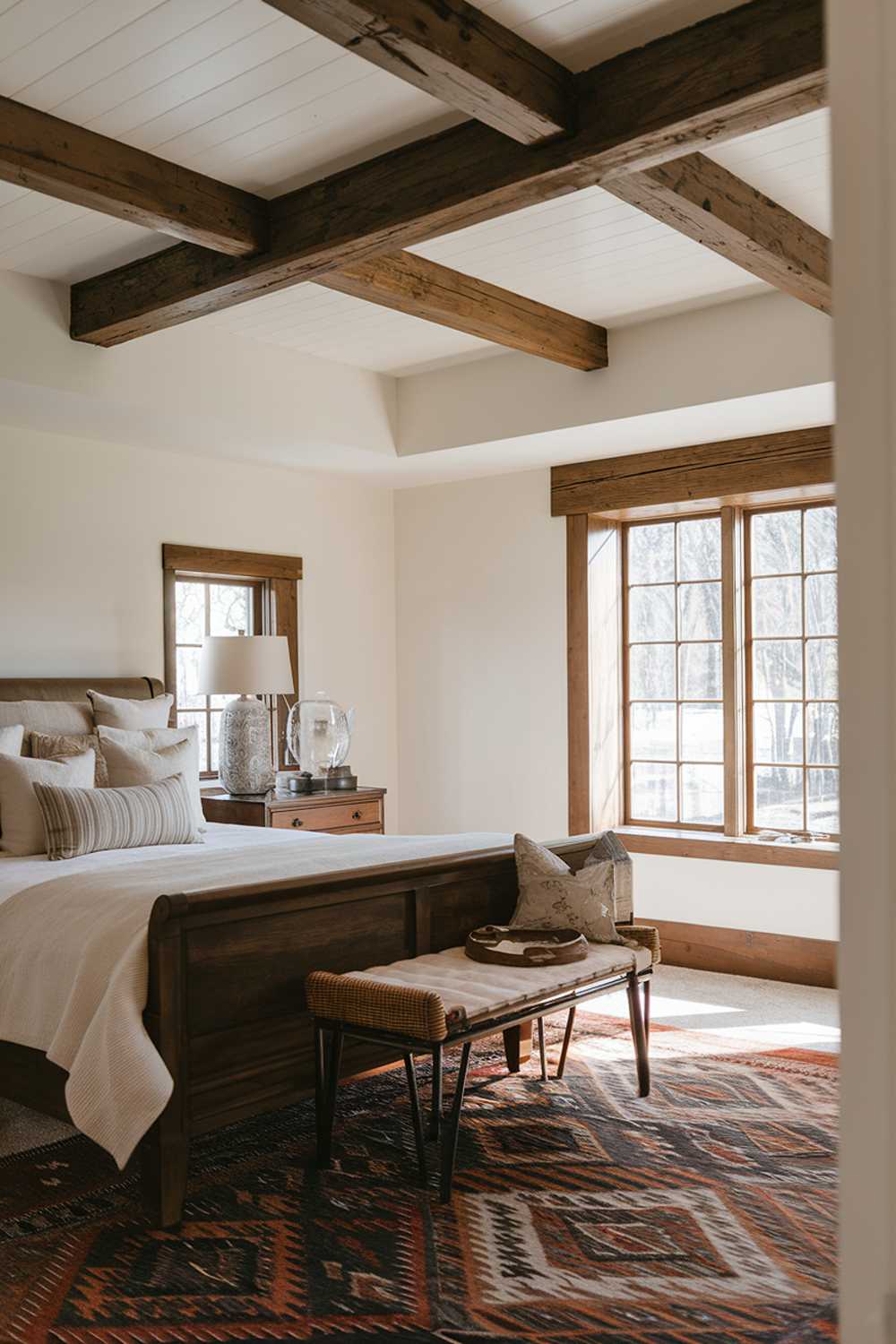 Cozy farmhouse bedroom featuring wooden beam ceiling, white walls, and stylish patterned rug with natural light