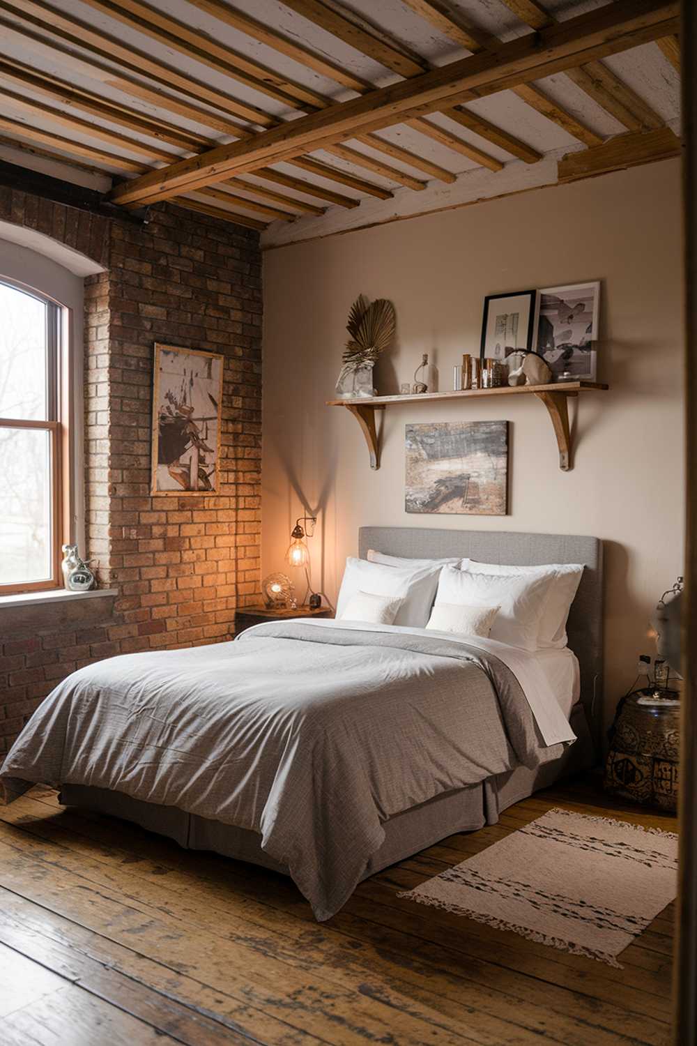 Vintage bedroom with exposed brick walls, wooden slat ceiling, and grey duvet creating warm farmhouse aesthetic