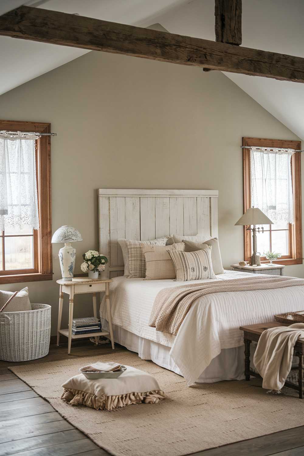 Cozy bedroom featuring rustic wooden beam, white headboard, and vintage lamp with soft grey walls