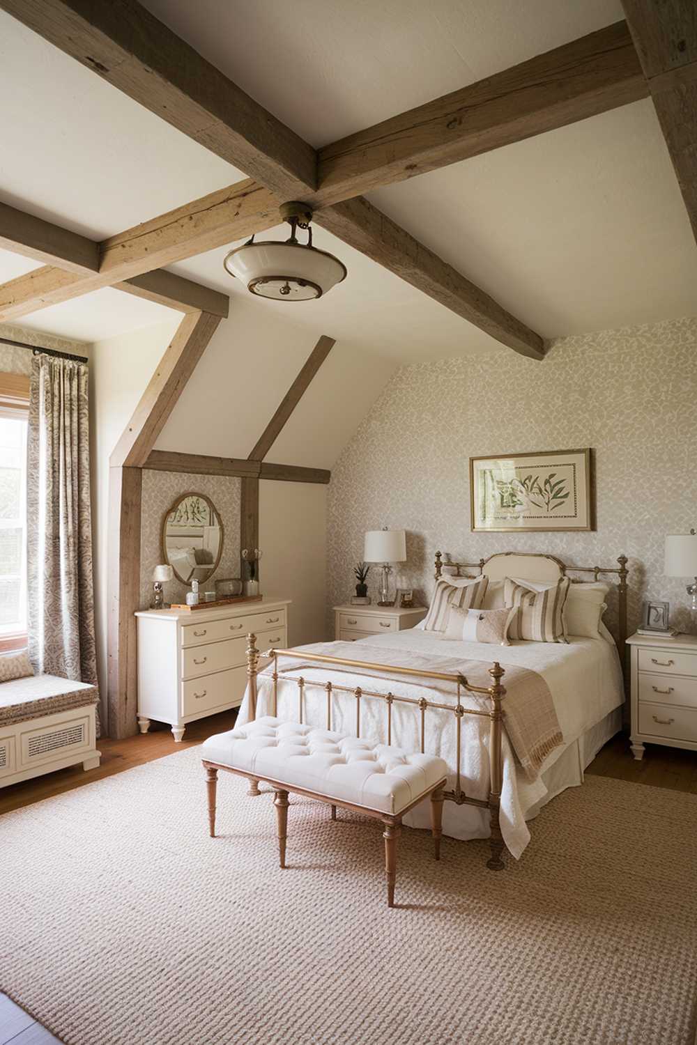 Beige and white bedroom with wooden beams, patterned wallpaper, and central placement creating harmony