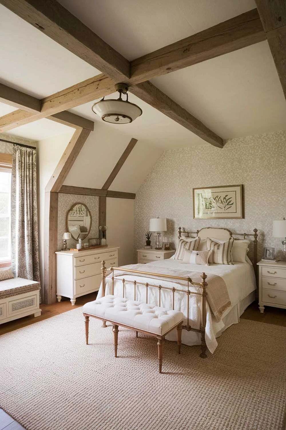 23 Vintage Farmhouse Bedroom Ideas for Cozy Charm 5 Beige and white bedroom with wooden beams, patterned wallpaper, and central placement creating harmony
