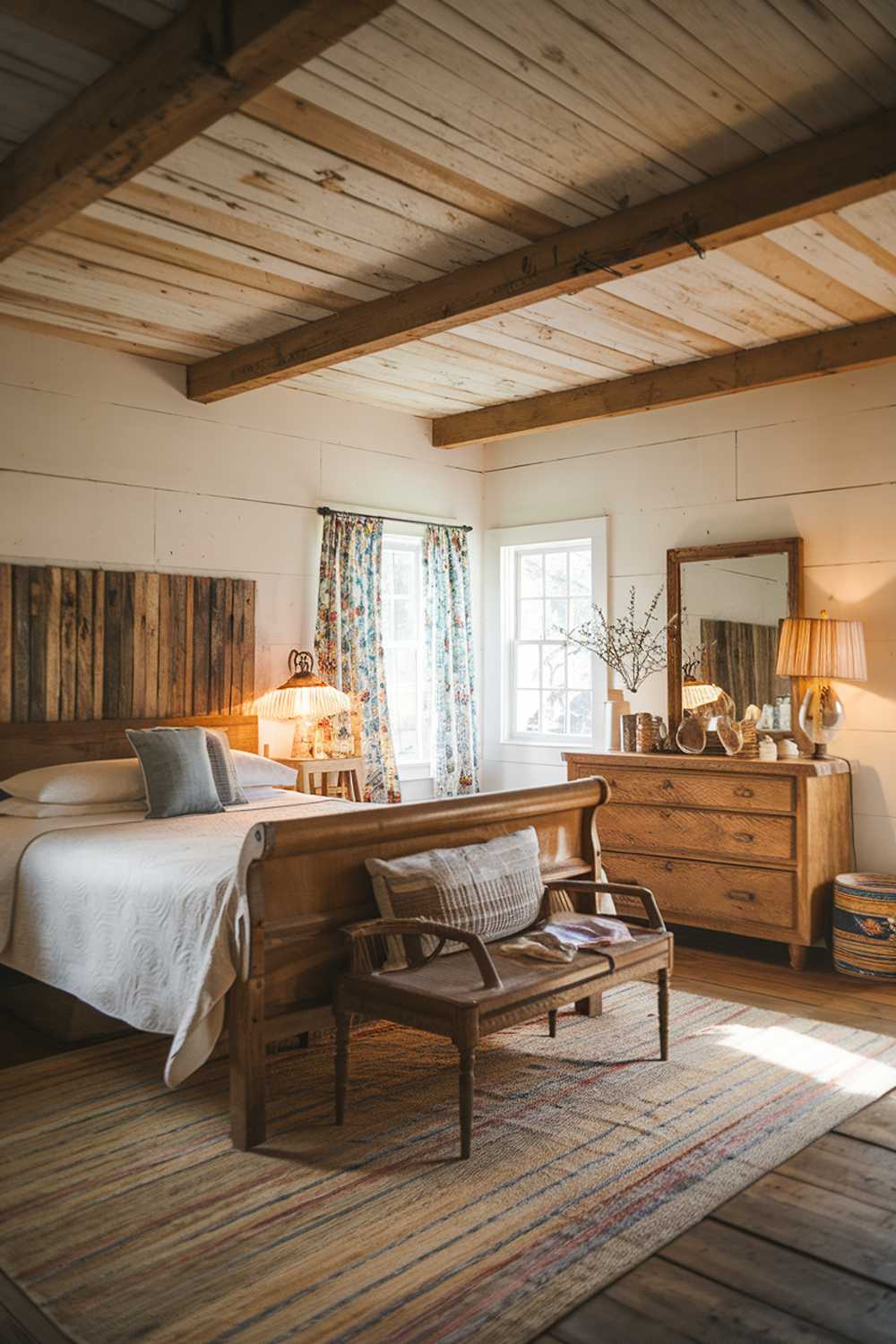 Vintage bedroom featuring wooden plank headboard, white mattress, and warm lighting creating cozy atmosphere