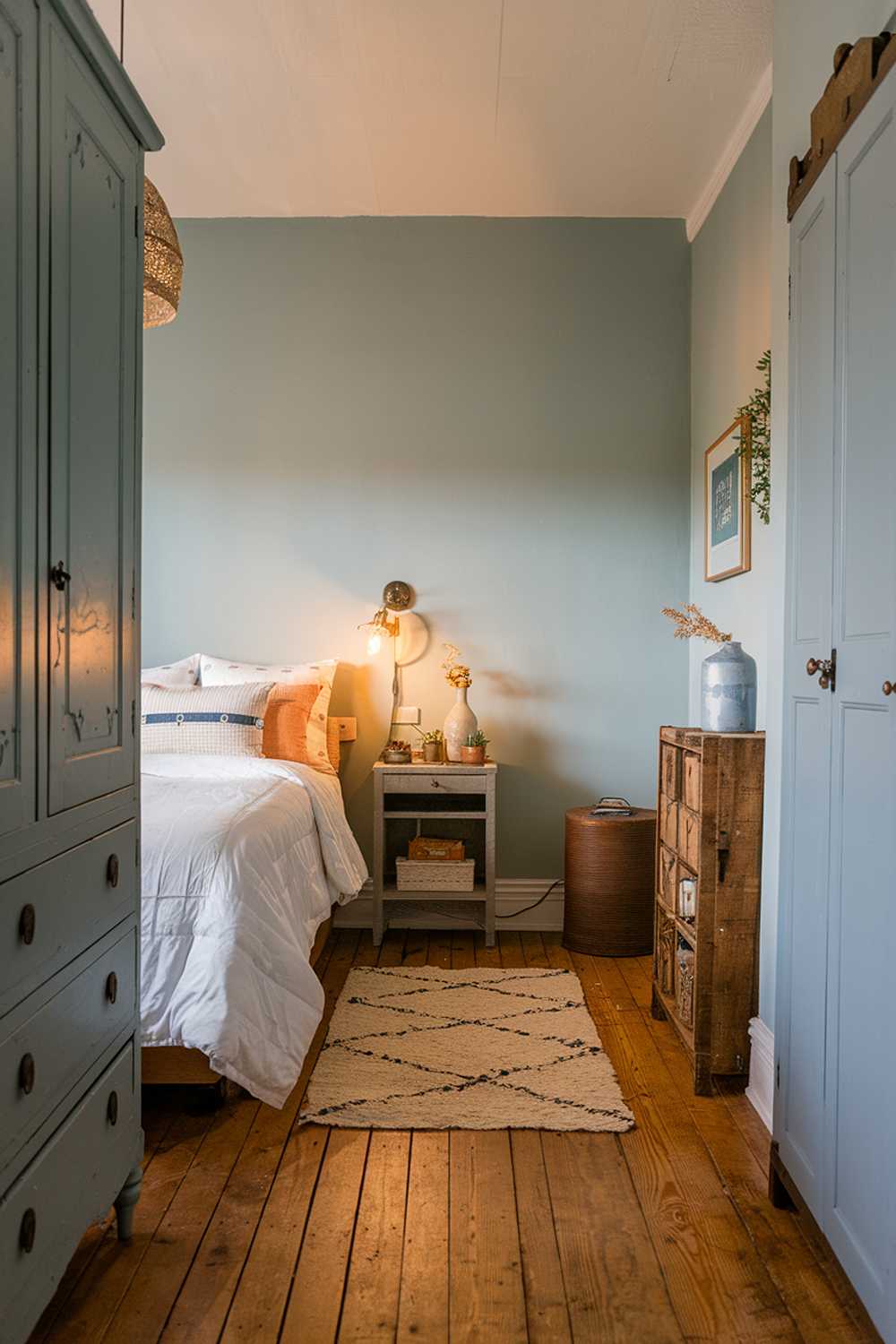 Light blue walls complement white duvet and wooden furniture in this charming farmhouse bedroom