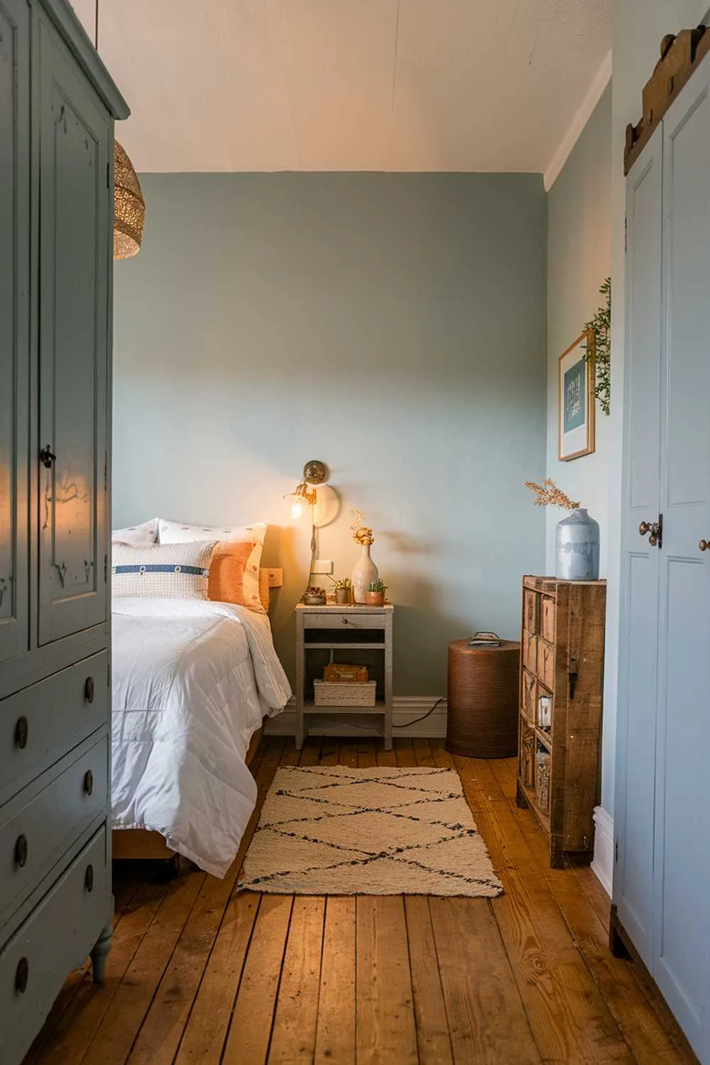 23 Vintage Farmhouse Bedroom Ideas for Cozy Charm 7 Light blue walls complement white duvet and wooden furniture in this charming farmhouse bedroom