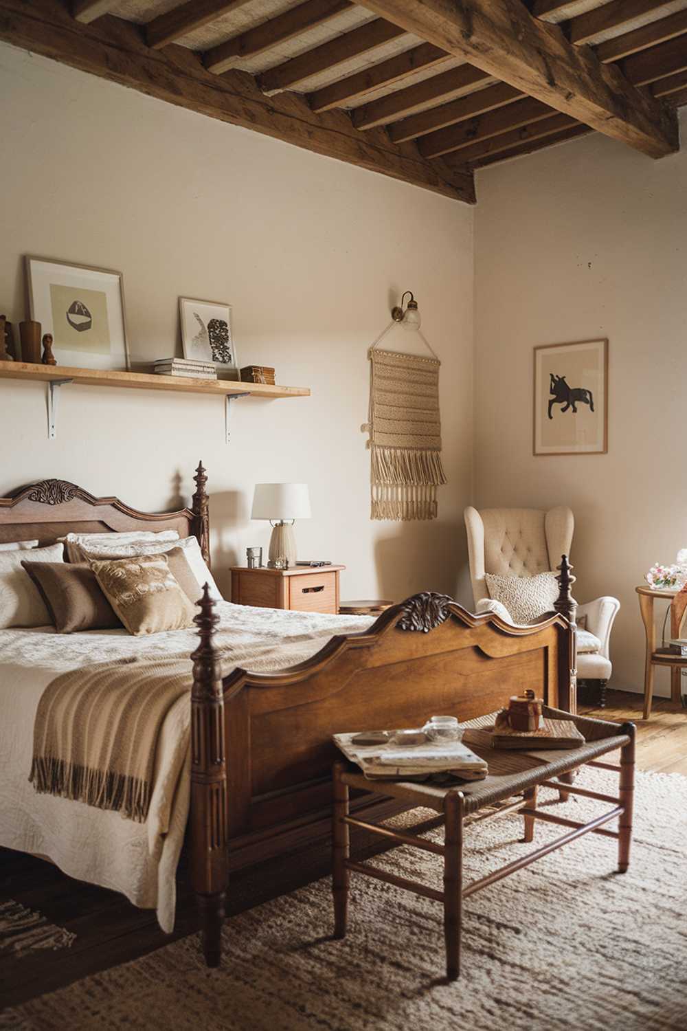 Cozy bedroom with wooden ceiling, beige blanket, and soft lighting creating intimate atmosphere