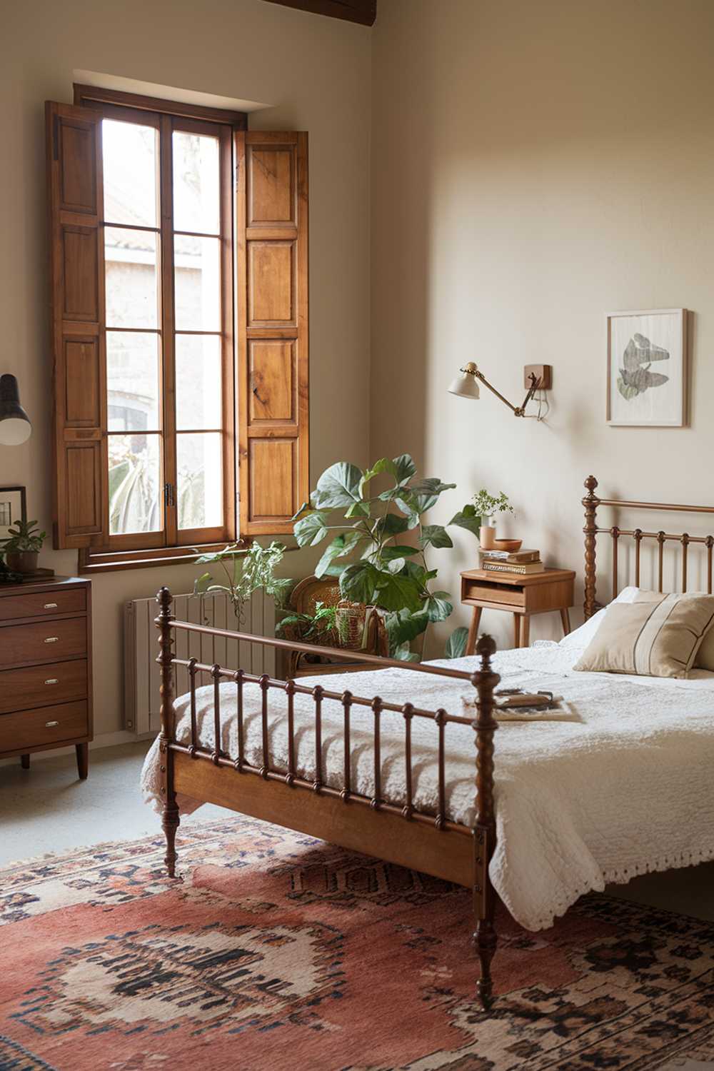 Charming bedroom with white duvet, wooden shutters, and potted plants adding natural elements