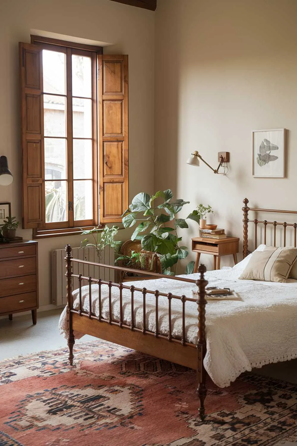 23 Vintage Farmhouse Bedroom Ideas for Cozy Charm 9 Charming bedroom with white duvet, wooden shutters, and potted plants adding natural elements