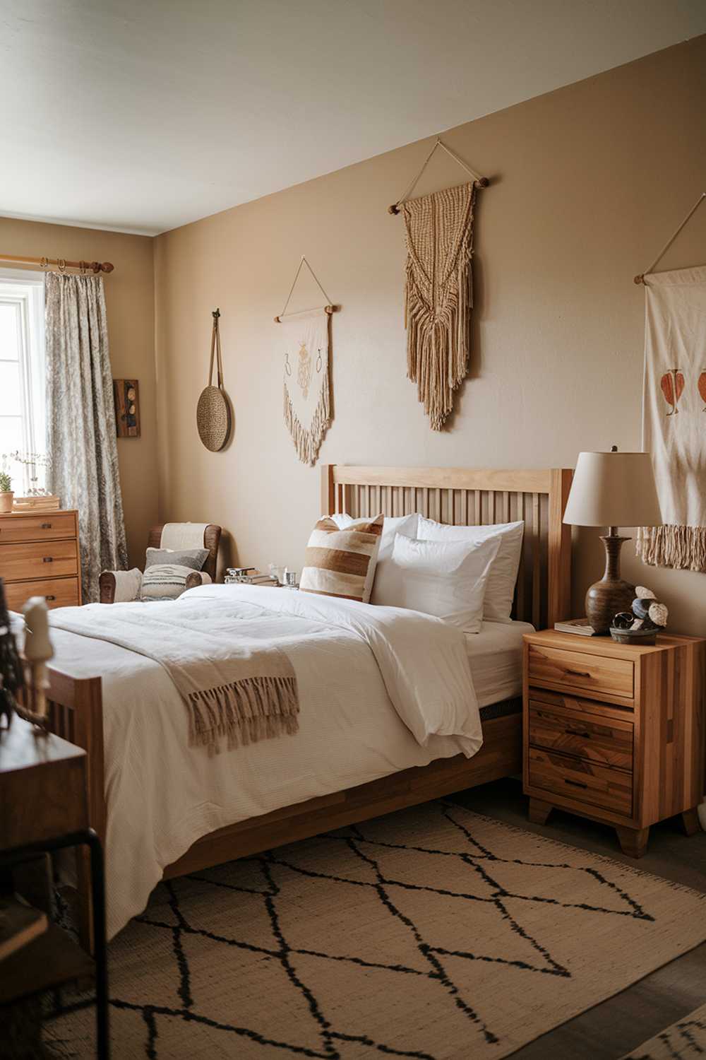 Inviting bedroom with wooden bed, beige walls, and thoughtful decor creating cozy atmosphere