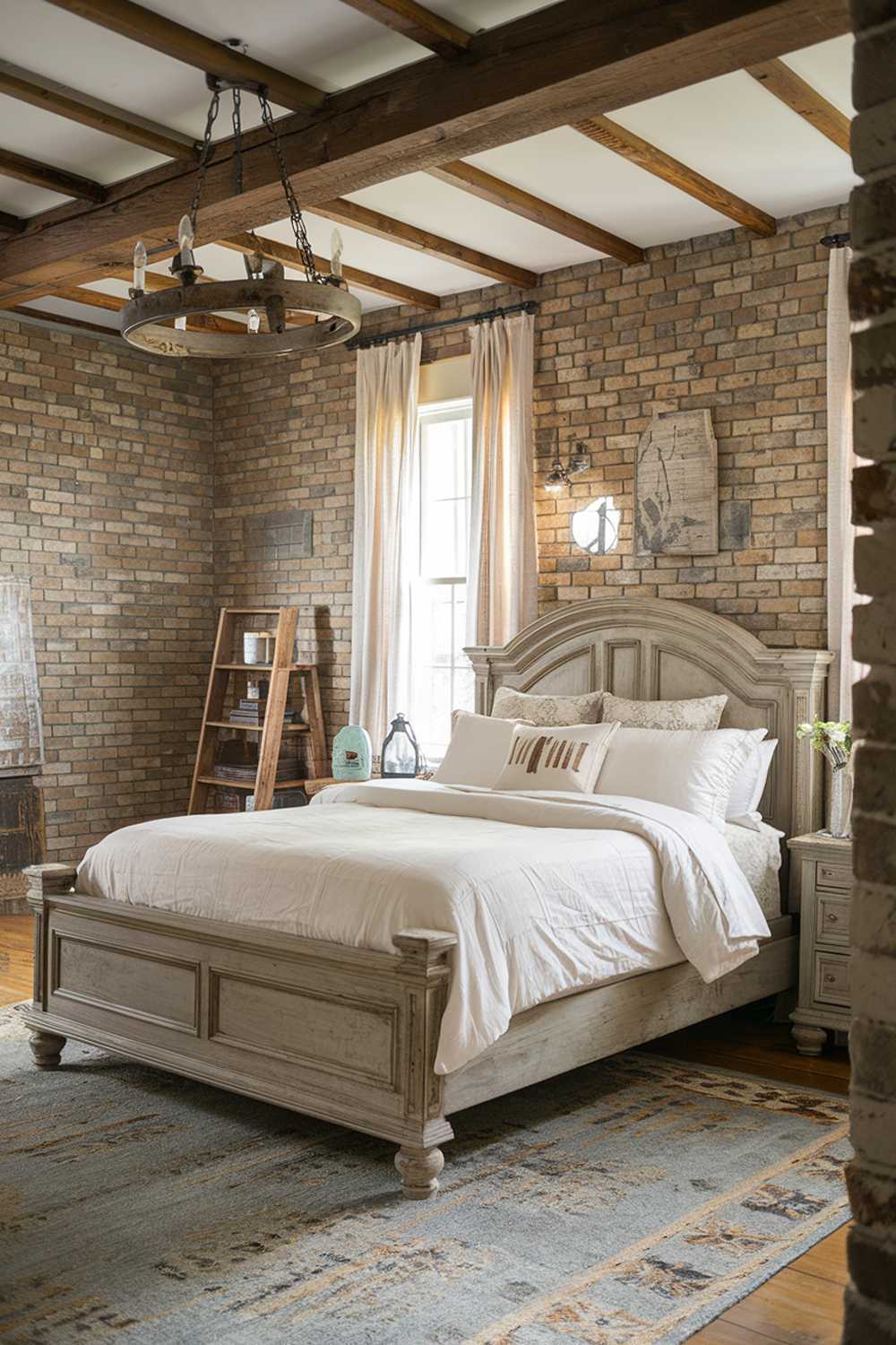 Bedroom featuring exposed brick, wooden beams, and vintage chandelier blending styles seamlessly