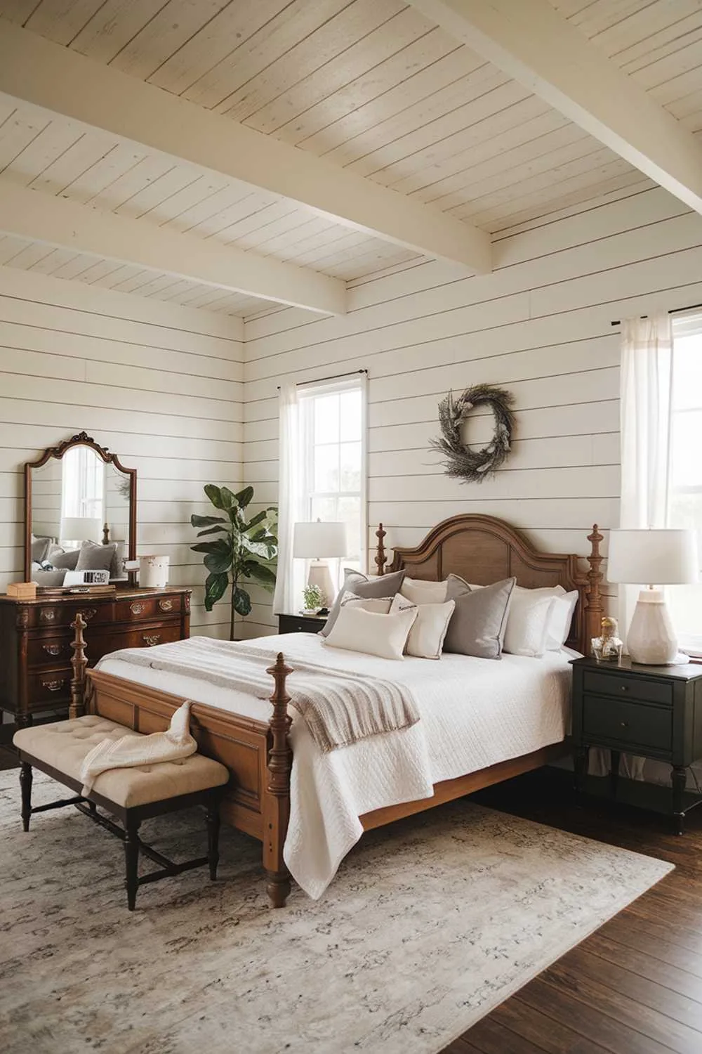 23 Vintage Farmhouse Bedroom Ideas for Cozy Charm 12 Stylish bedroom with dark wooden floor, white walls, and grey accents creating dramatic contrast