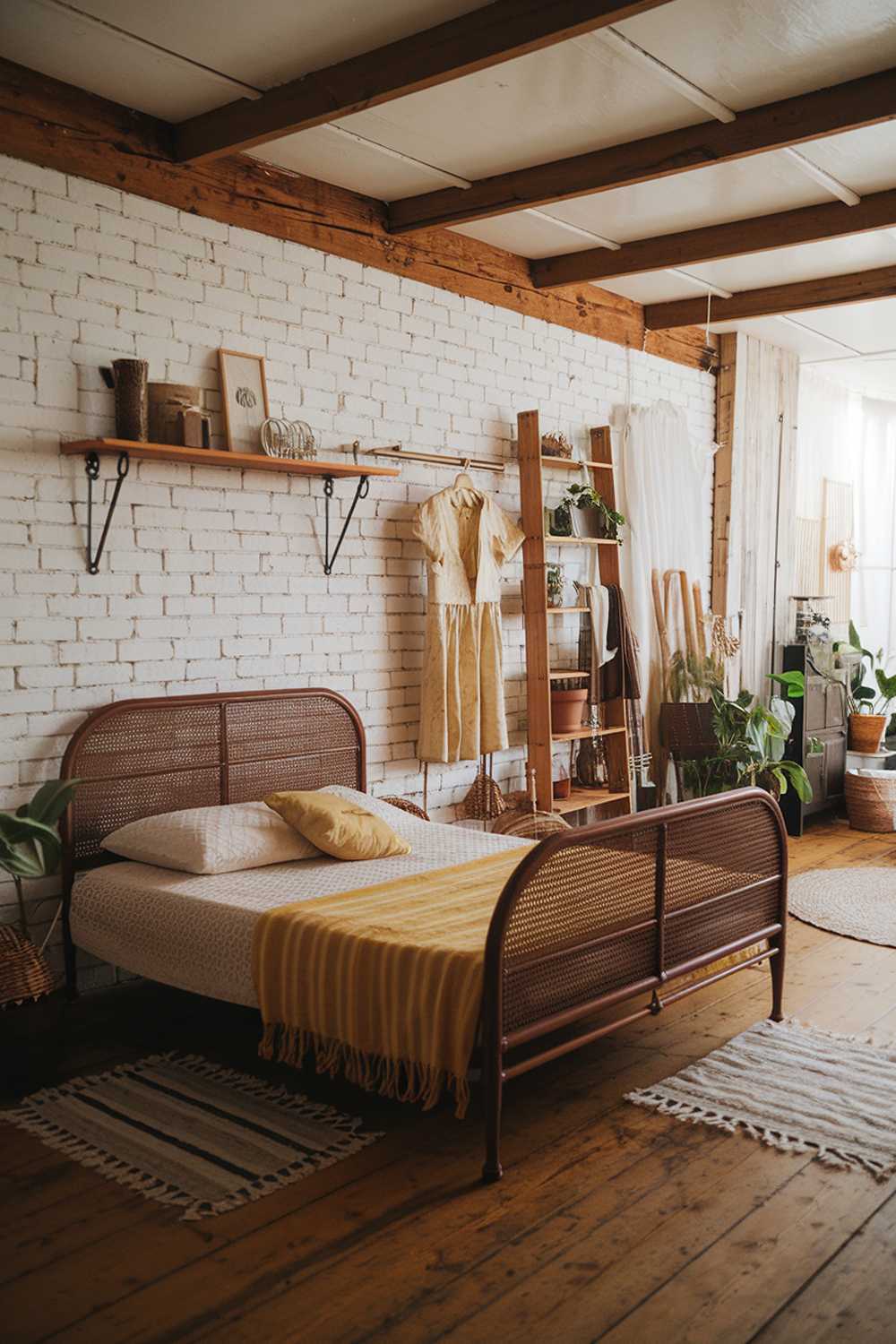 Cozy bedroom with white brick wall, yellow accents, and woven textures adding warmth