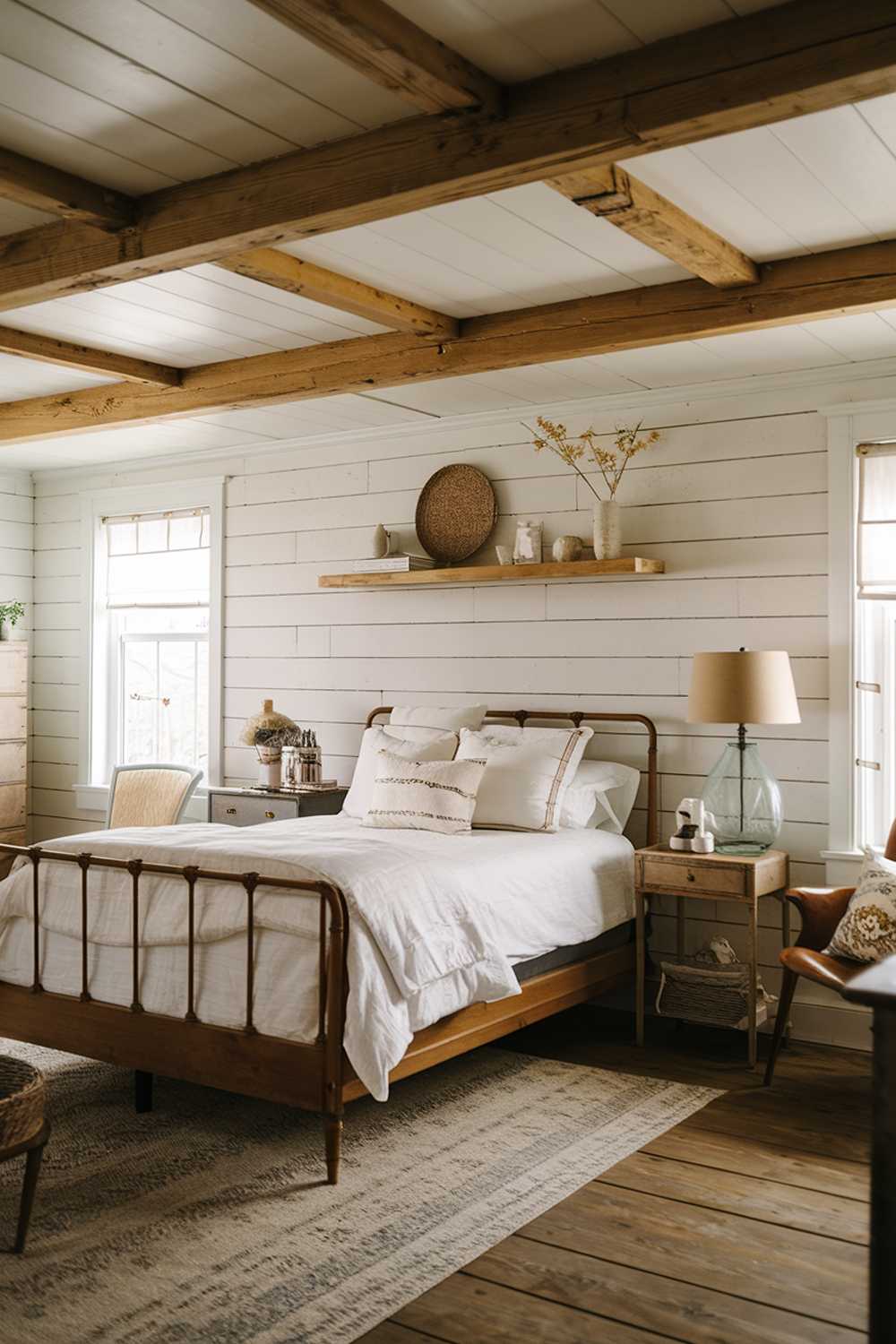 Traditional farmhouse bedroom with wooden beam ceiling, white duvet, and vintage-style furniture