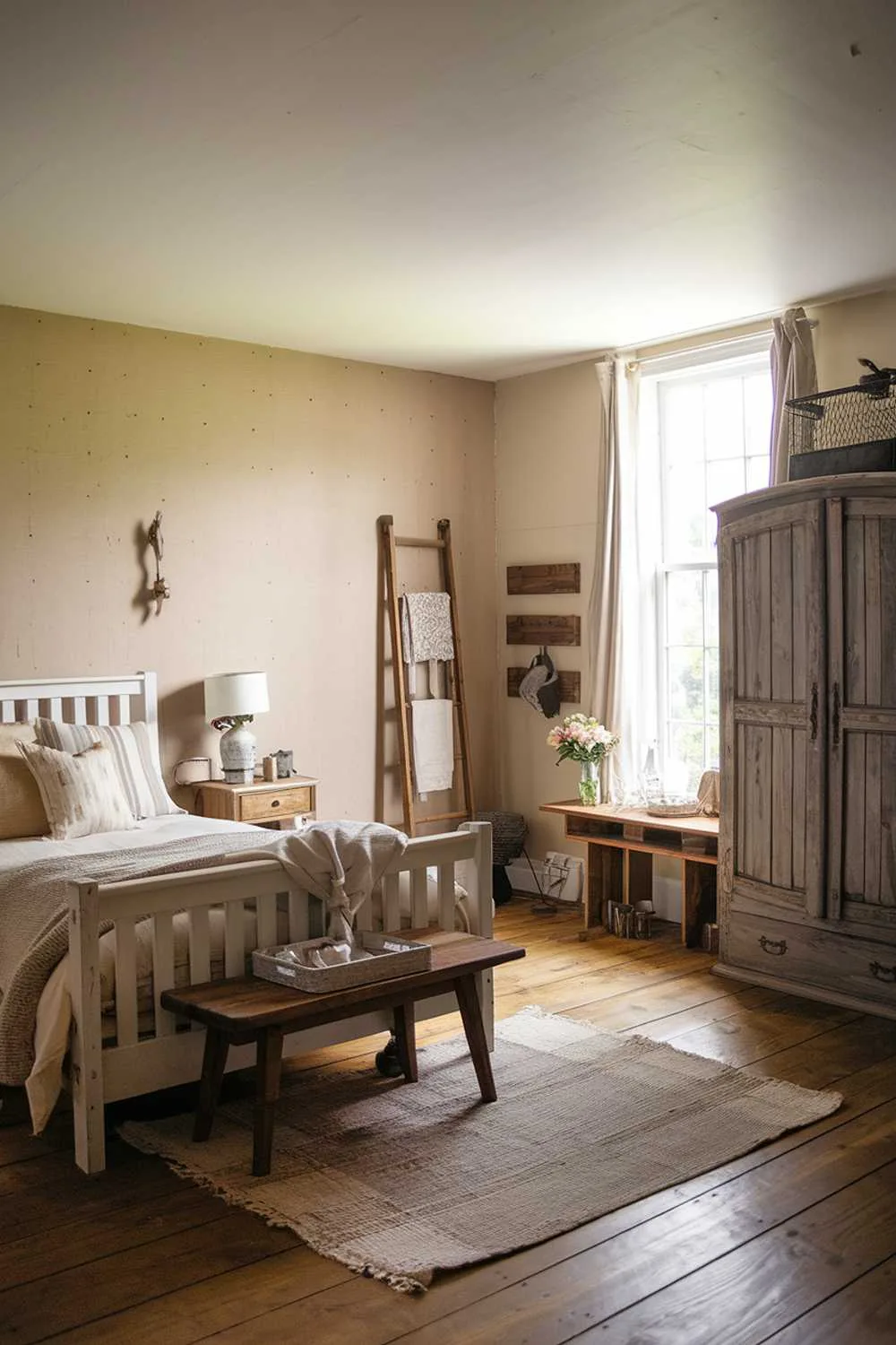 23 Vintage Farmhouse Bedroom Ideas for Cozy Charm 15 Bright bedroom with wooden wardrobe, beige accents, and large window maximizing natural light