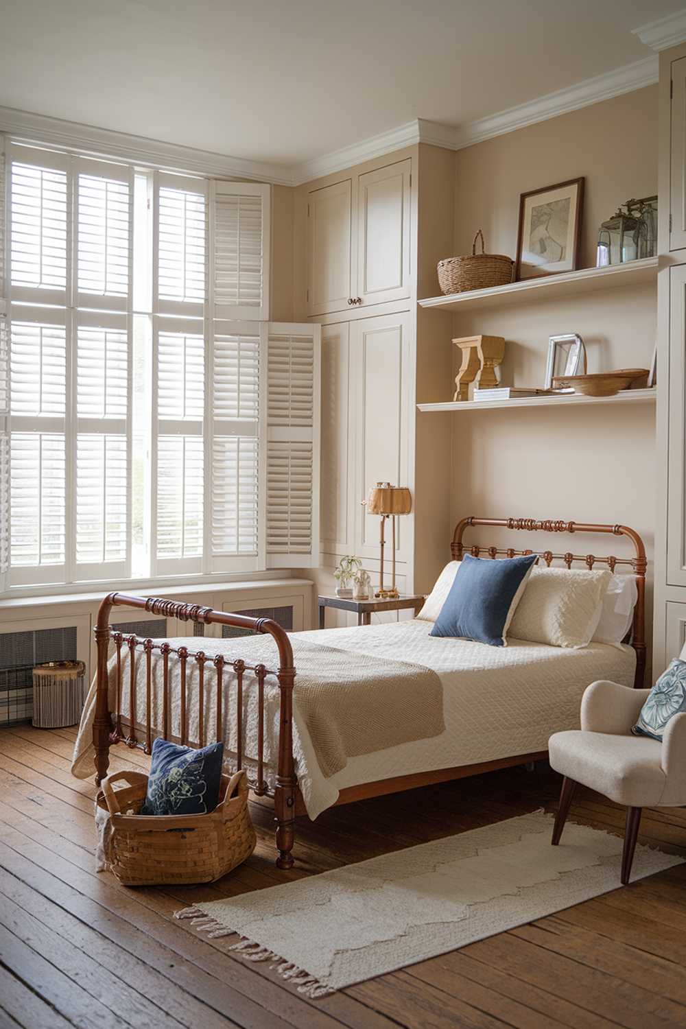 Elegant bedroom with plantation shutters, wooden frame bed, and beige color palette