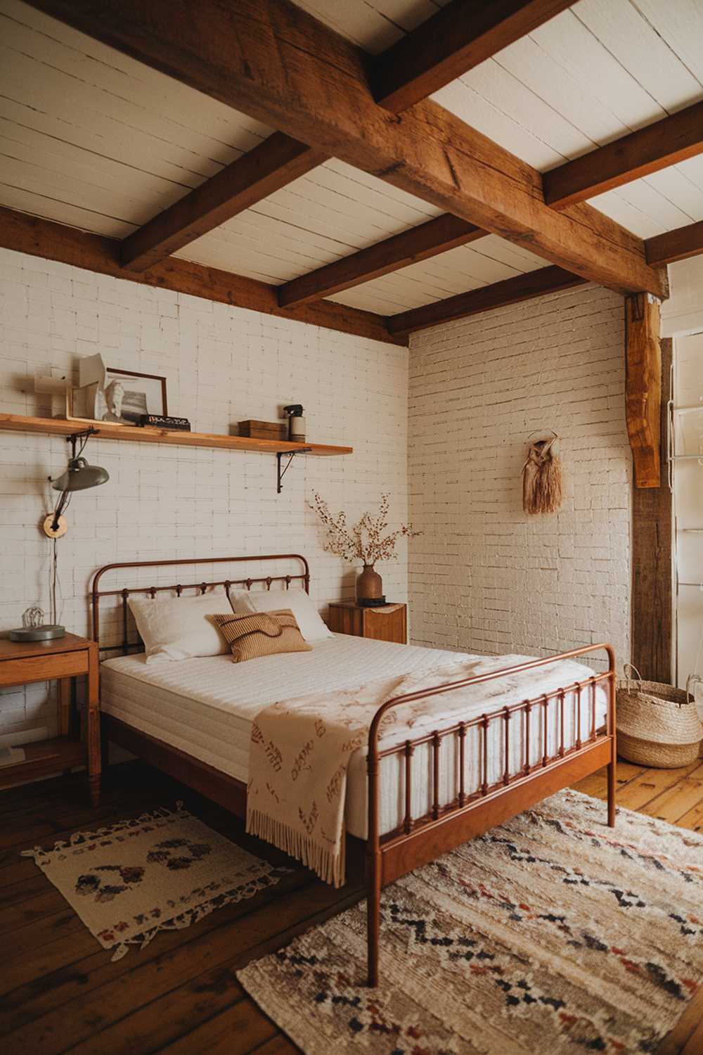 Charming bedroom with white brick wall, wooden beams, and natural materials creating texture