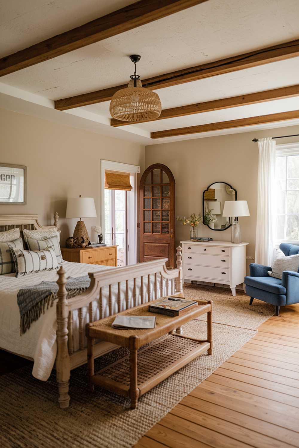 Wide view of bedroom with blue accent chair, white dresser, and wooden elements balancing styles