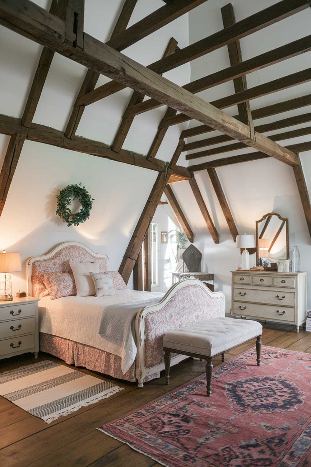 Pretty bedroom with pink floral pattern, white headboard, and rustic elements creating soft aesthetic