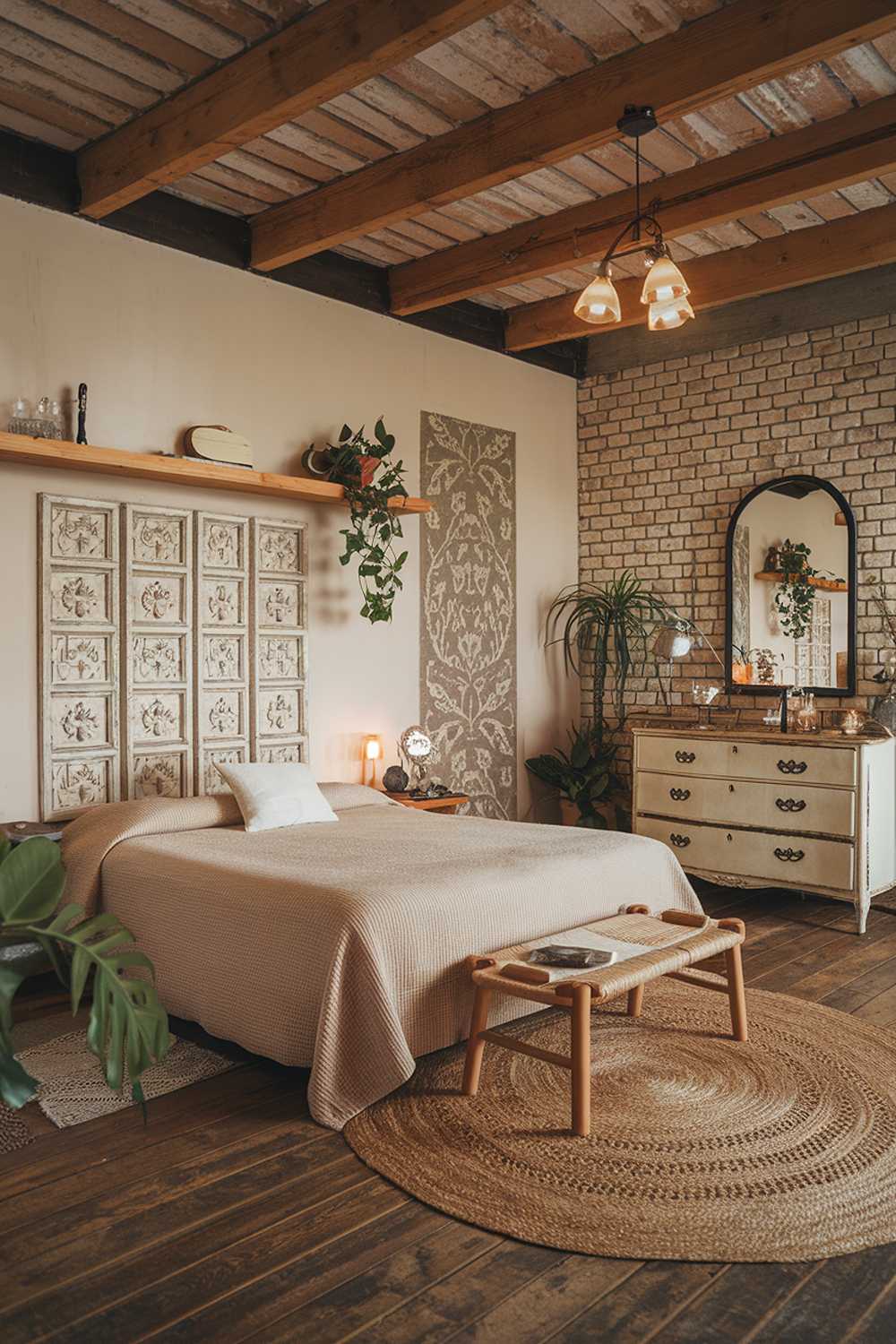 Large bedroom with exposed brick, wooden beams, and vintage dresser exemplifying farmhouse style