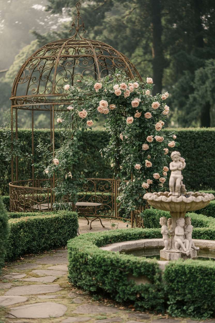 25 Gorgeous Vintage Garden Decor Ideas for Timeless Beauty 1 Weathered wrought iron gazebo covered in climbing roses surrounded by stone pathways and fountain in vintage garden