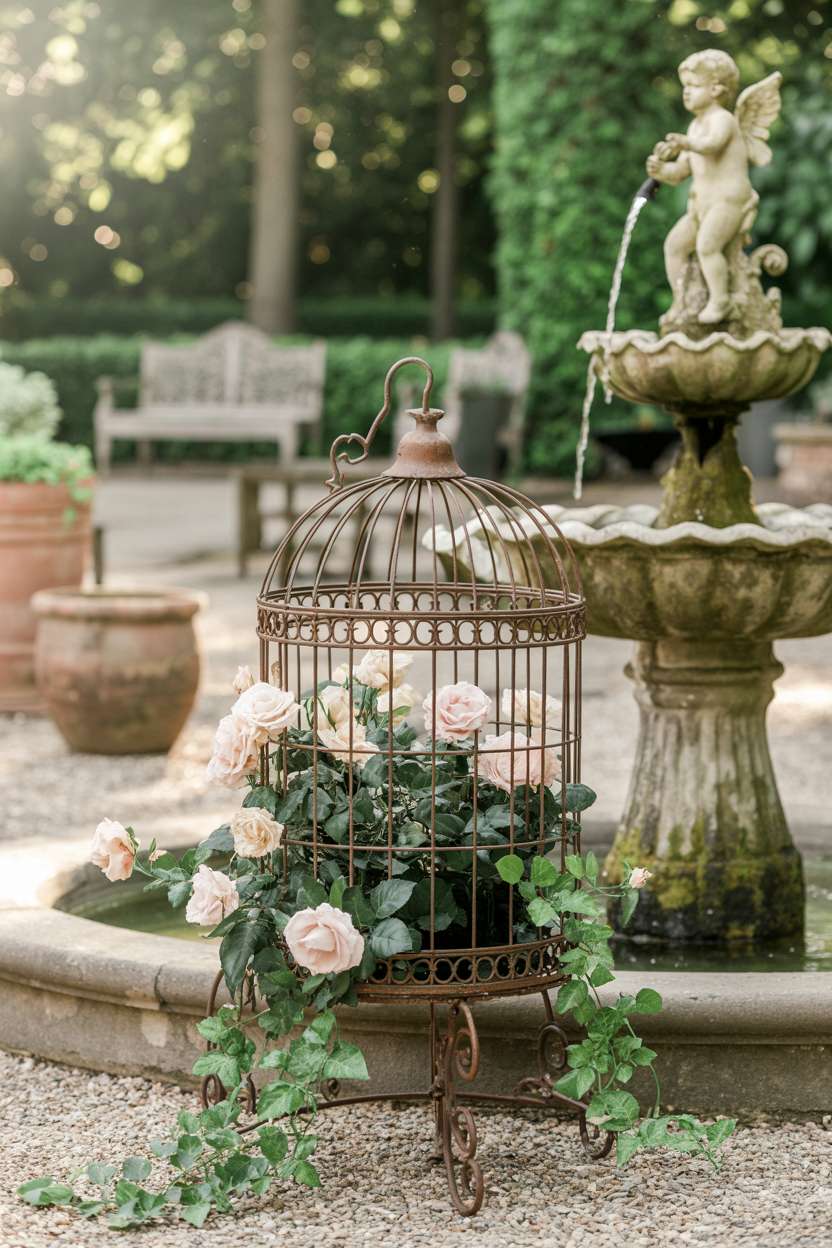 25 Gorgeous Vintage Garden Decor Ideas for Timeless Beauty 3 Antique wrought iron birdcage overflowing with pastel roses and ivy on circular stone path with fountain backdrop