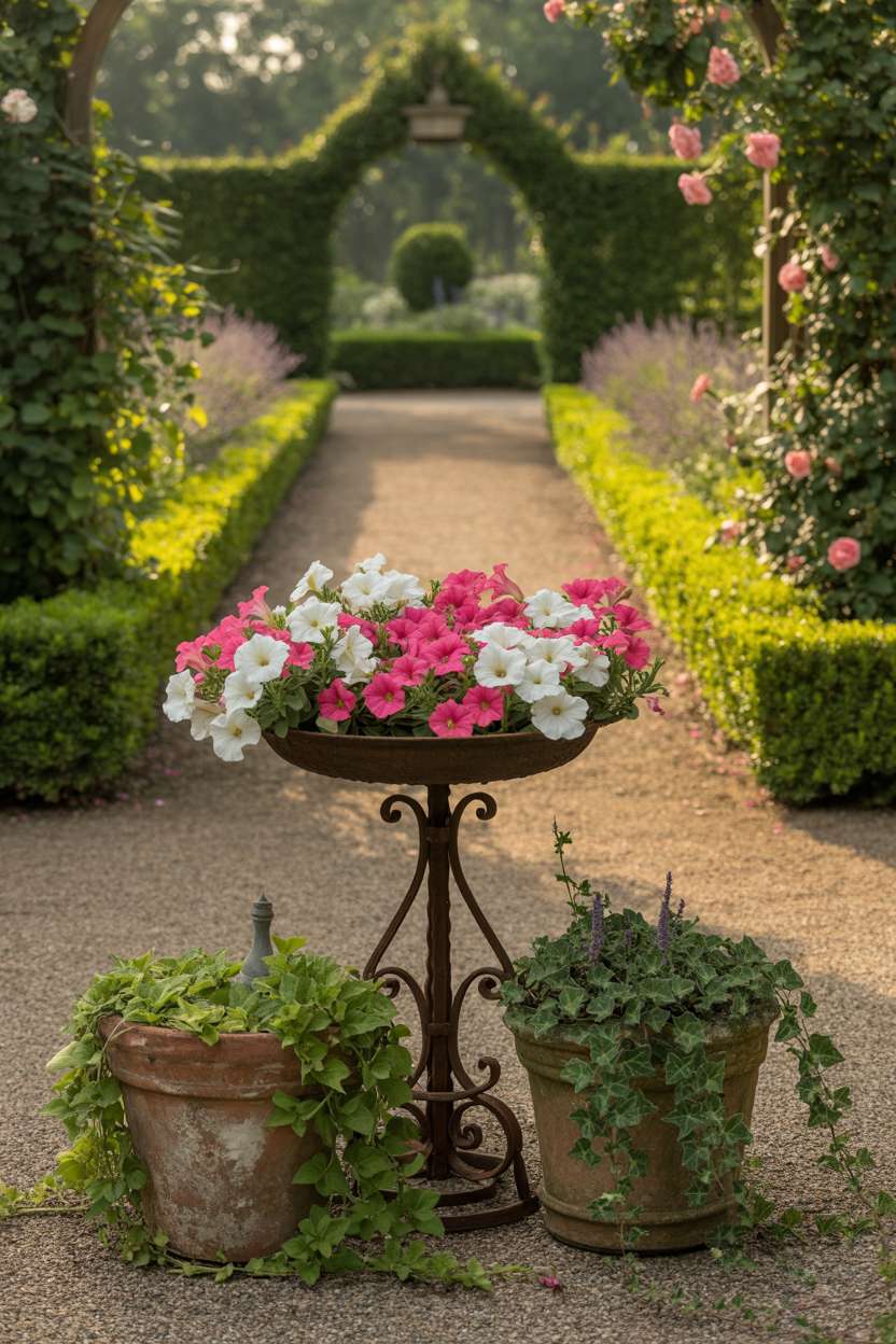 25 Gorgeous Vintage Garden Decor Ideas for Timeless Beauty 4 Antique wrought iron birdbath overflowing with pink and white petunias surrounded by terracotta pots and trimmed hedges