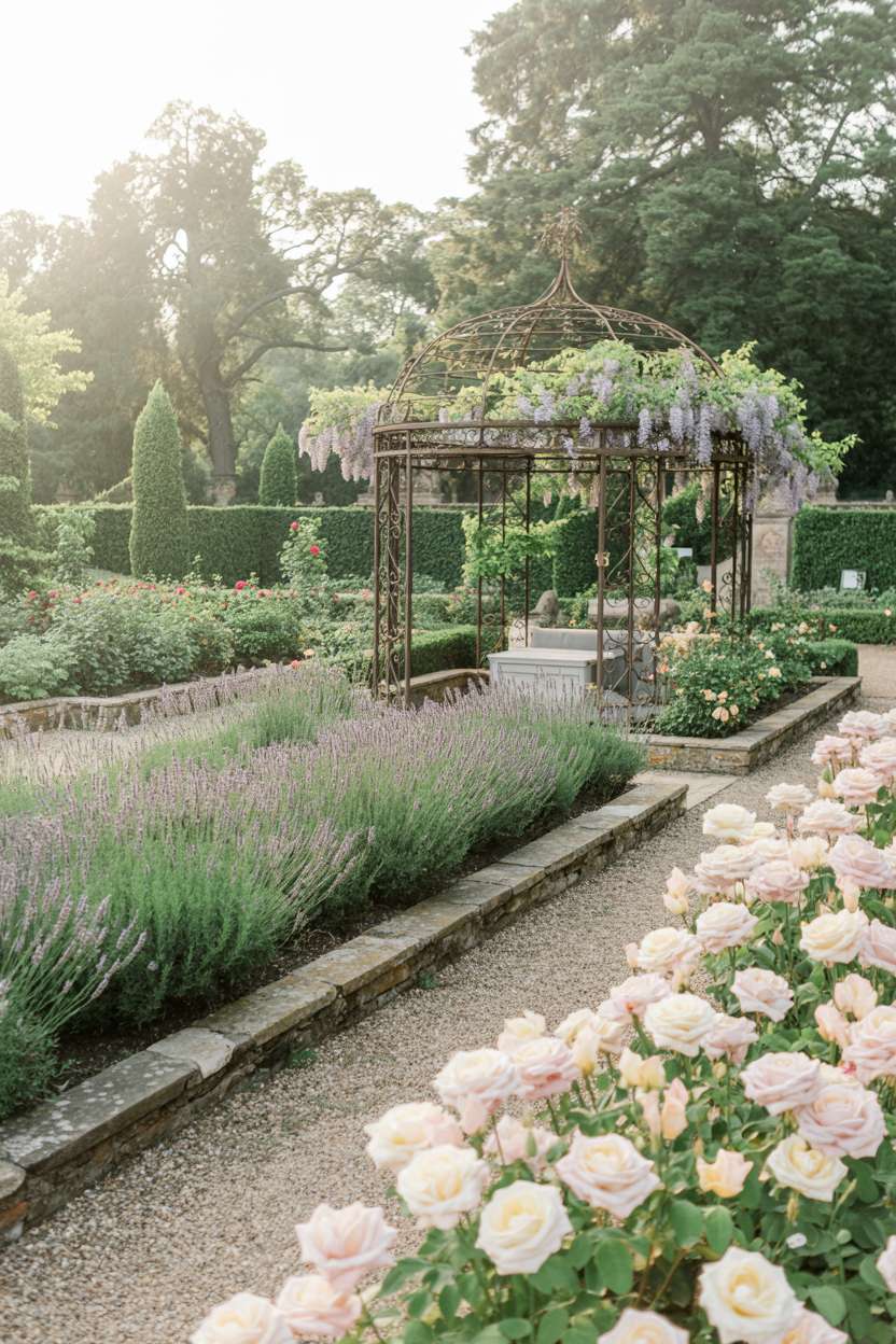 25 Gorgeous Vintage Garden Decor Ideas for Timeless Beauty 5 Wrought iron gazebo draped with climbing wisteria surrounded by organized rows of lavender and roses