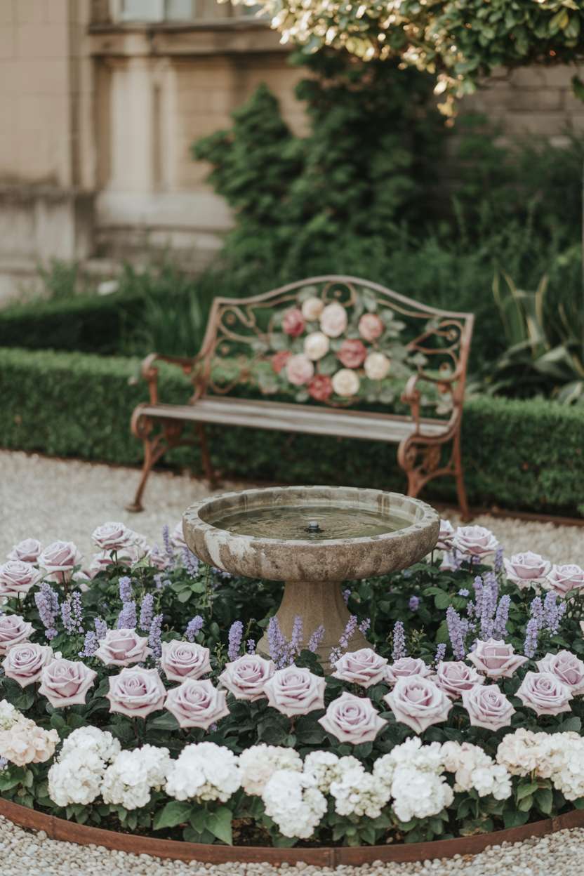 25 Gorgeous Vintage Garden Decor Ideas for Timeless Beauty 6 Circular flower bed with concentric circles of pastel roses, lavender, and hydrangeas around small stone fountain