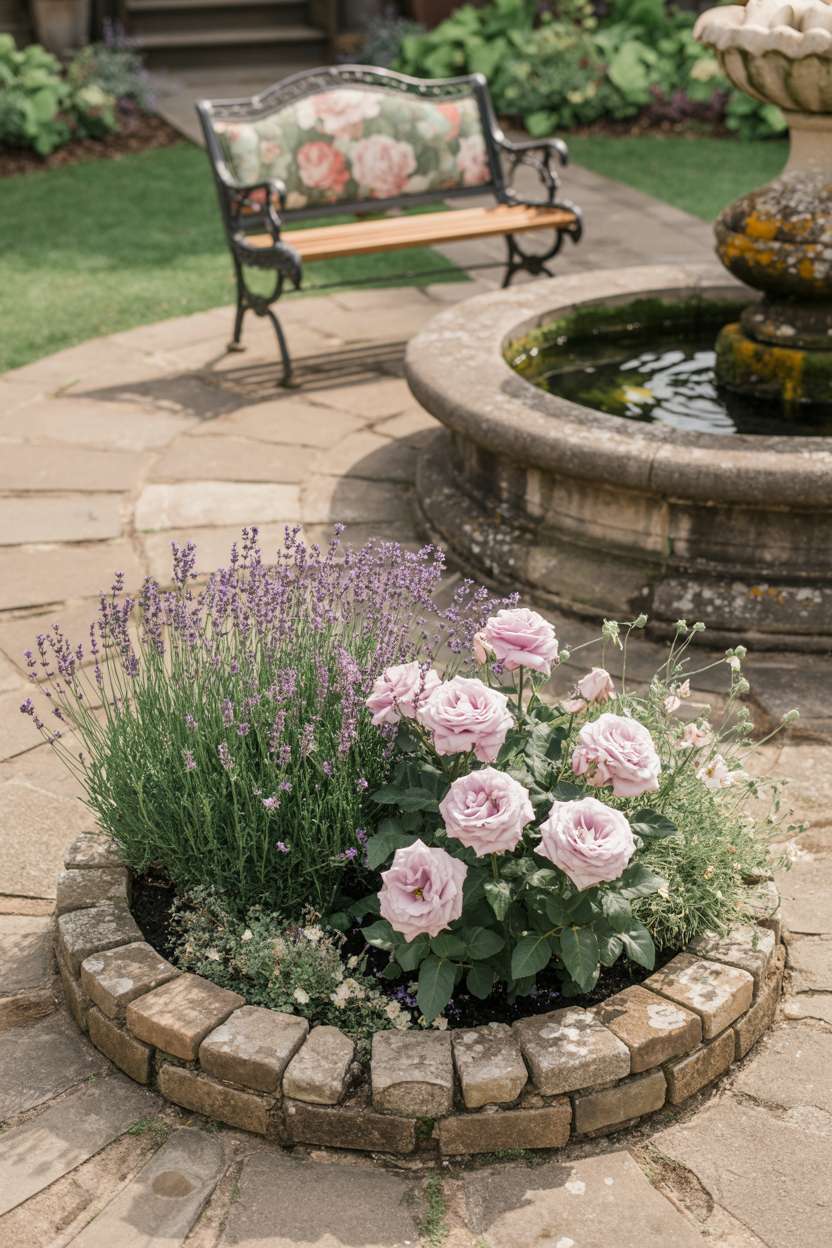 25 Gorgeous Vintage Garden Decor Ideas for Timeless Beauty 7 Weathered stone path winding through garden with circular lavender and rose bed, wrought iron bench, and stone fountain