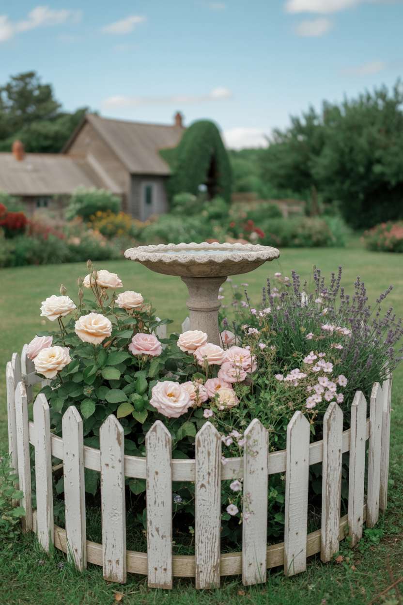 25 Gorgeous Vintage Garden Decor Ideas for Timeless Beauty 8 Circular flower bed with pastel roses, lavender, and forget-me-nots enclosed by weathered white picket fence