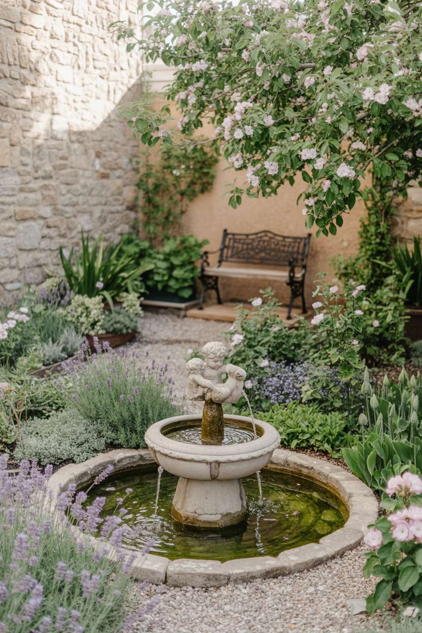 25 Gorgeous Vintage Garden Decor Ideas for Timeless Beauty 9 Secluded vintage garden within stone walls featuring circular fountain with cherubs, flower beds, and apple tree