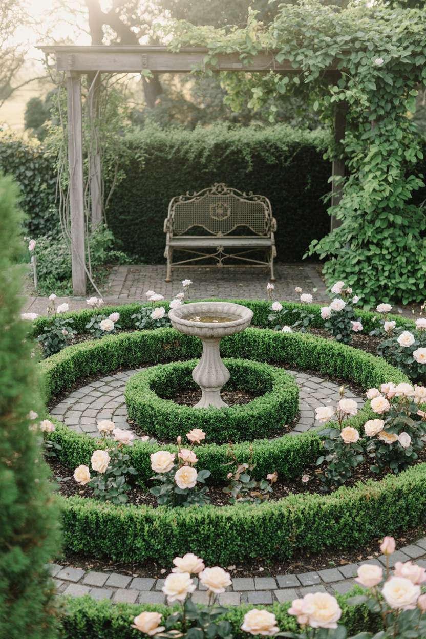 25 Gorgeous Vintage Garden Decor Ideas for Timeless Beauty 10 Central stone birdbath surrounded by trimmed boxwood hedges and antique roses with wrought iron bench