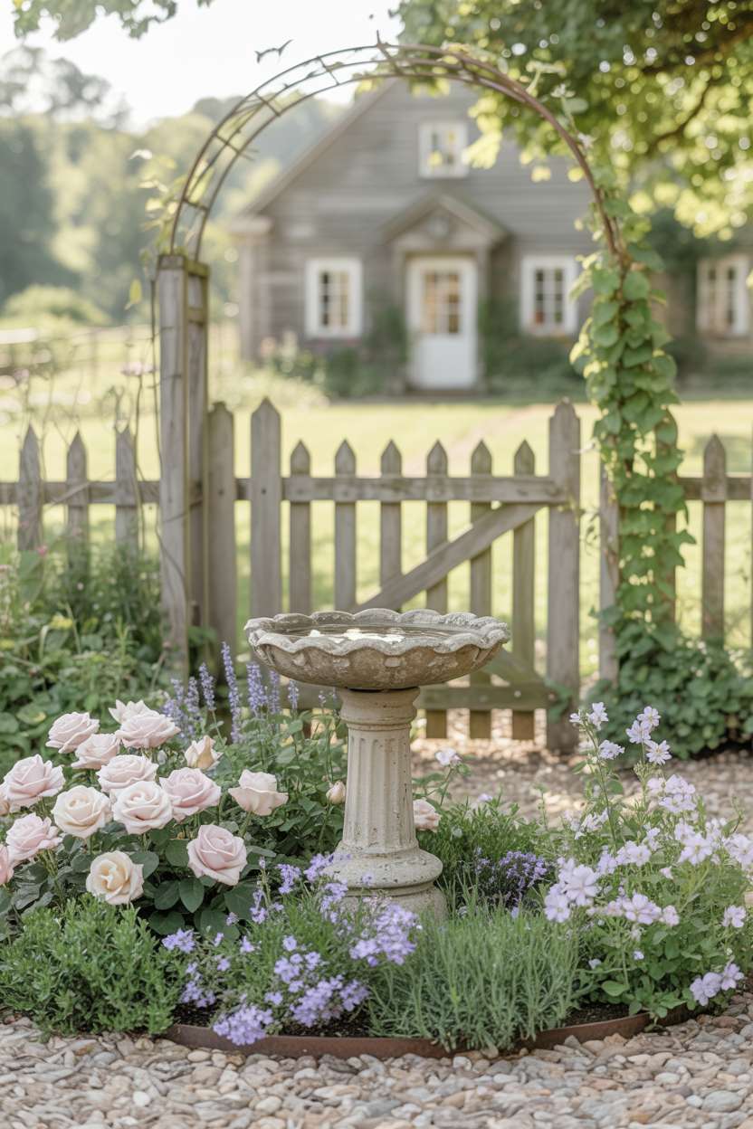 25 Gorgeous Vintage Garden Decor Ideas for Timeless Beauty 11 Circular arrangement of pastel flowers around weathered birdbath enclosed by white picket fence with climbing ivy