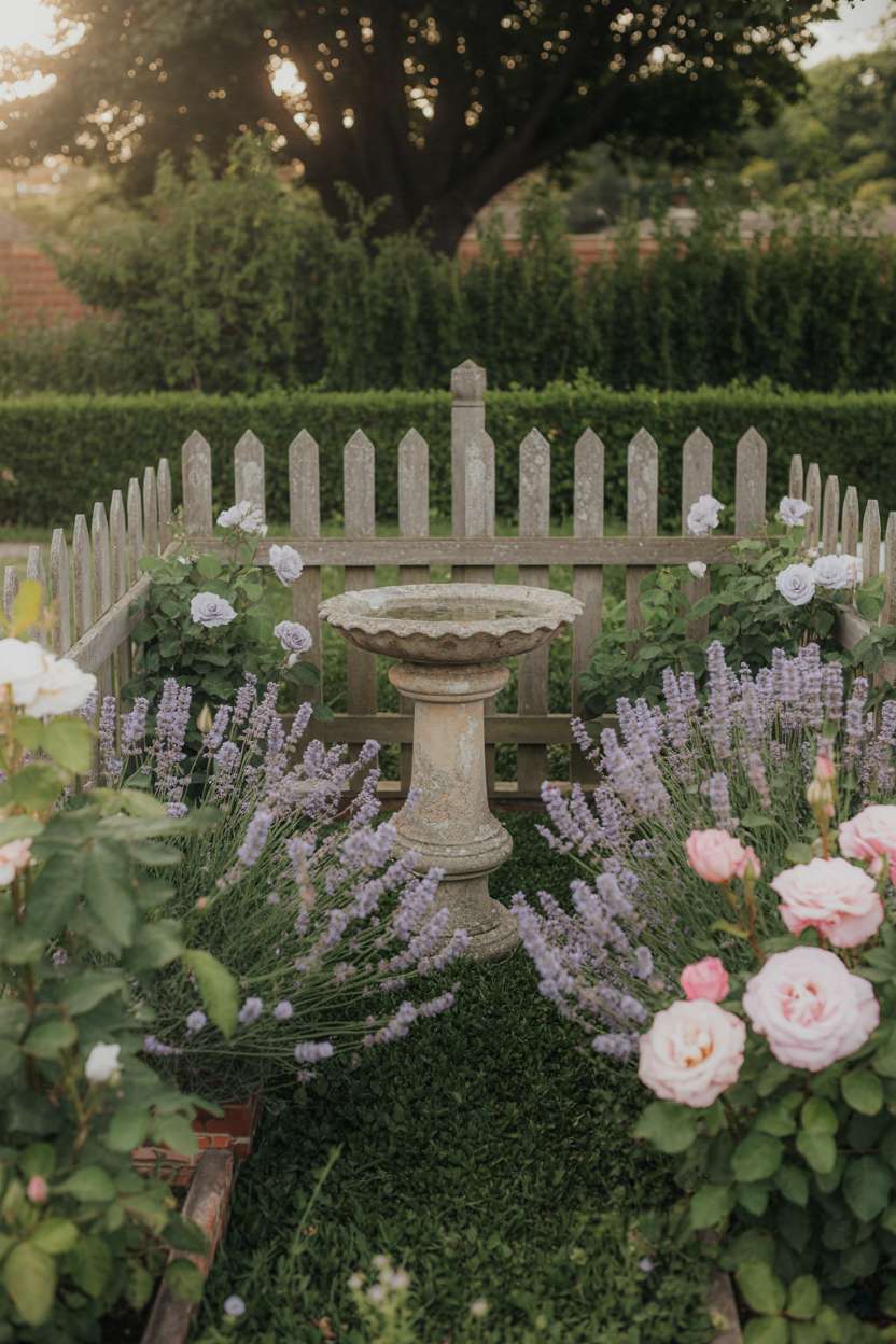 25 Gorgeous Vintage Garden Decor Ideas for Timeless Beauty 12 Rows of lavender and pastel roses around central birdbath enclosed by overgrown picket fence in late afternoon light