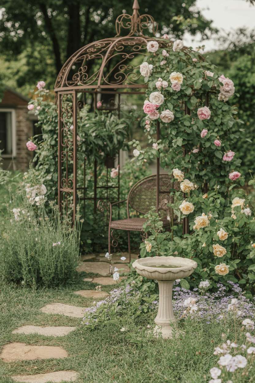 25 Gorgeous Vintage Garden Decor Ideas for Timeless Beauty 13 Wrought iron gazebo covered in climbing roses with stone path, ornate birdbath, and surrounding lavender