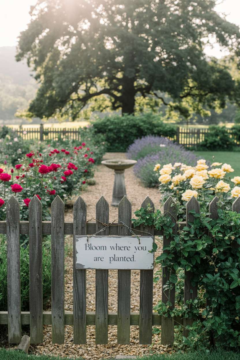 25 Gorgeous Vintage Garden Decor Ideas for Timeless Beauty 14 Rows of red and yellow roses with lavender around central birdbath, weathered picket fence with "Bloom Where You Are Planted" sign