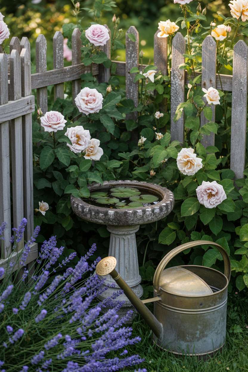 25 Gorgeous Vintage Garden Decor Ideas for Timeless Beauty 15 Central stone birdbath filled with water lilies surrounded by climbing roses and lavender with vintage watering can