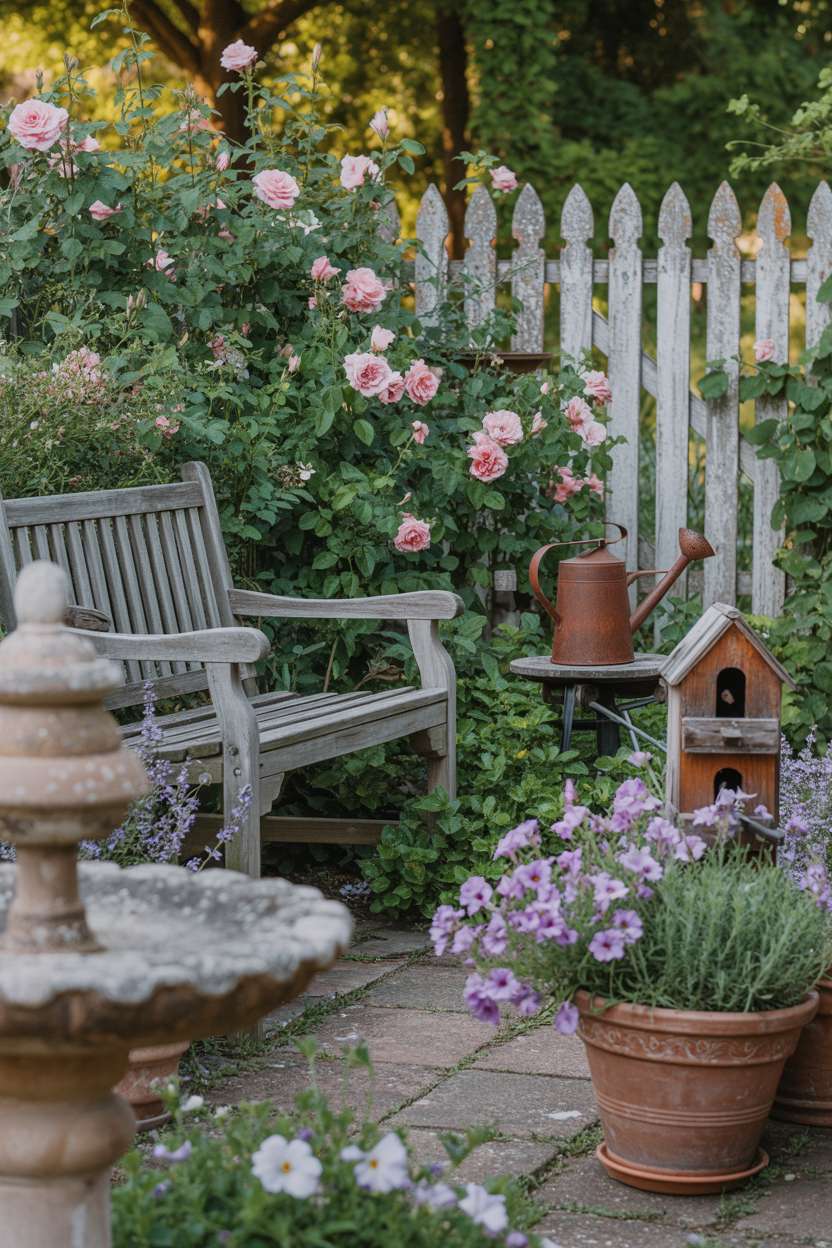 25 Gorgeous Vintage Garden Decor Ideas for Timeless Beauty 16 Weathered wooden bench among climbing roses and overflowing terracotta pots with antique birdhouses and watering can
