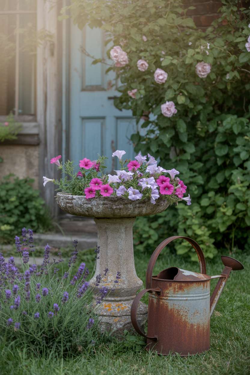 25 Gorgeous Vintage Garden Decor Ideas for Timeless Beauty 17 Stone birdbath overflowing with pink and purple petunias surrounded by climbing roses, lavender, and antique watering can
