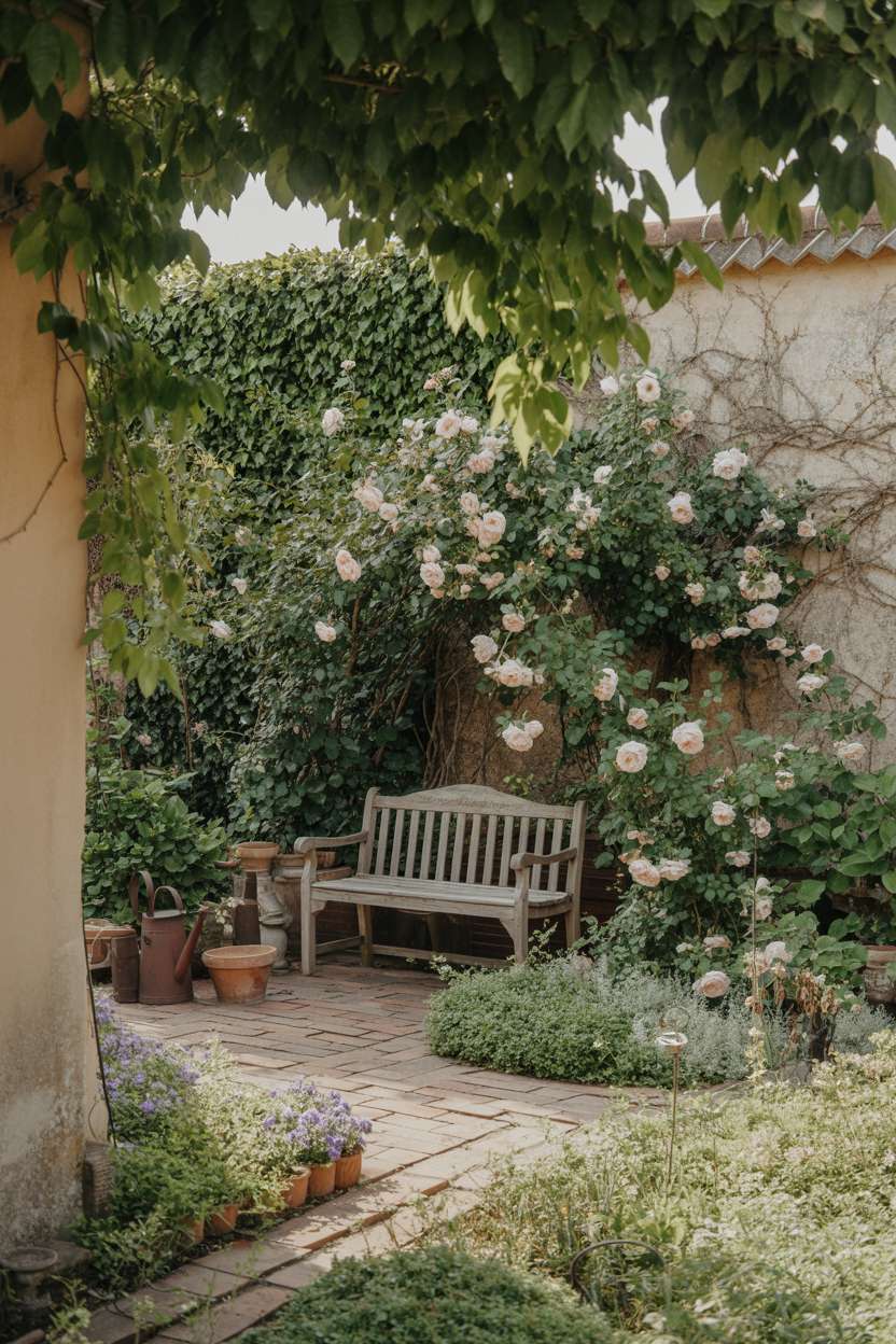 25 Gorgeous Vintage Garden Decor Ideas for Timeless Beauty 18 Brick path winding through flowerbeds with weathered wooden bench under climbing roses beside ivy-covered stone wall