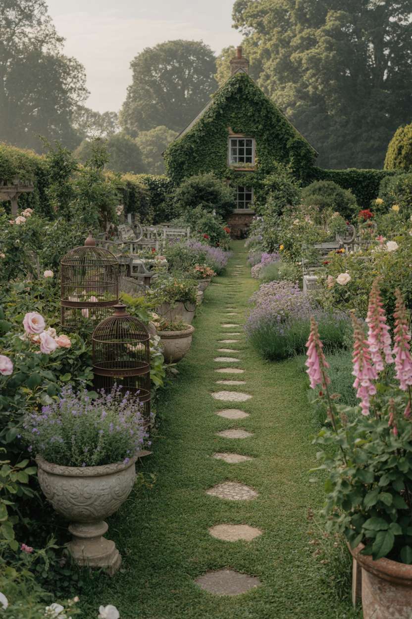 25 Gorgeous Vintage Garden Decor Ideas for Timeless Beauty 19 Sprawling cottage garden with stone path, antique birdcages, ceramic planters, roses, lavender, and foxgloves leading to ivy-covered cottage