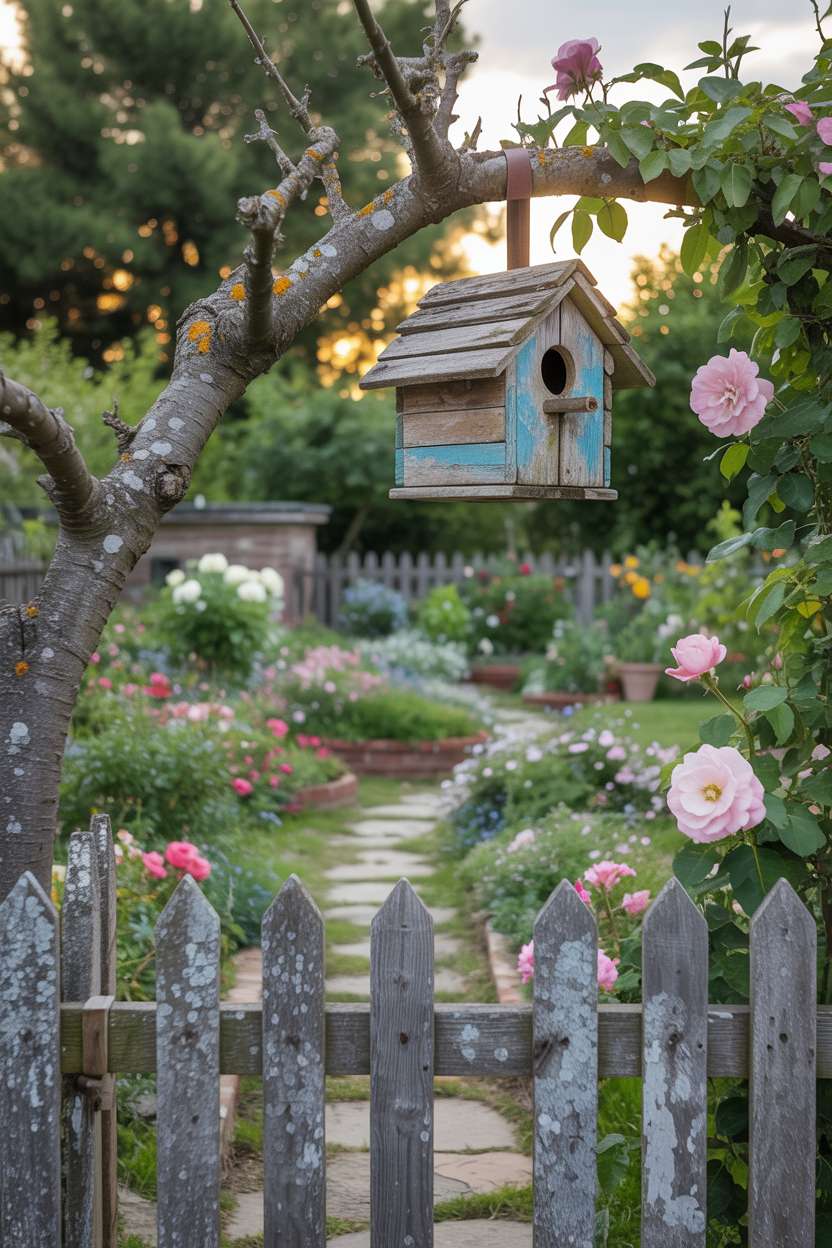25 Gorgeous Vintage Garden Decor Ideas for Timeless Beauty 20 Rustic wooden birdhouse hanging from gnarled apple tree branch with climbing roses and weathered picket fence