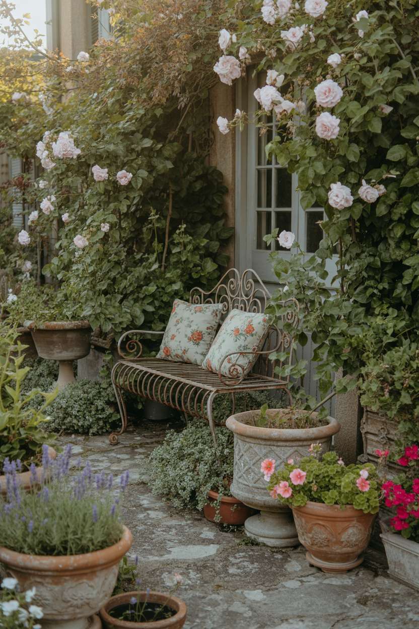 25 Gorgeous Vintage Garden Decor Ideas for Timeless Beauty 21 Wrought iron bench with floral cushions nestled among climbing roses, ivy, terracotta pots with lavender and geraniums