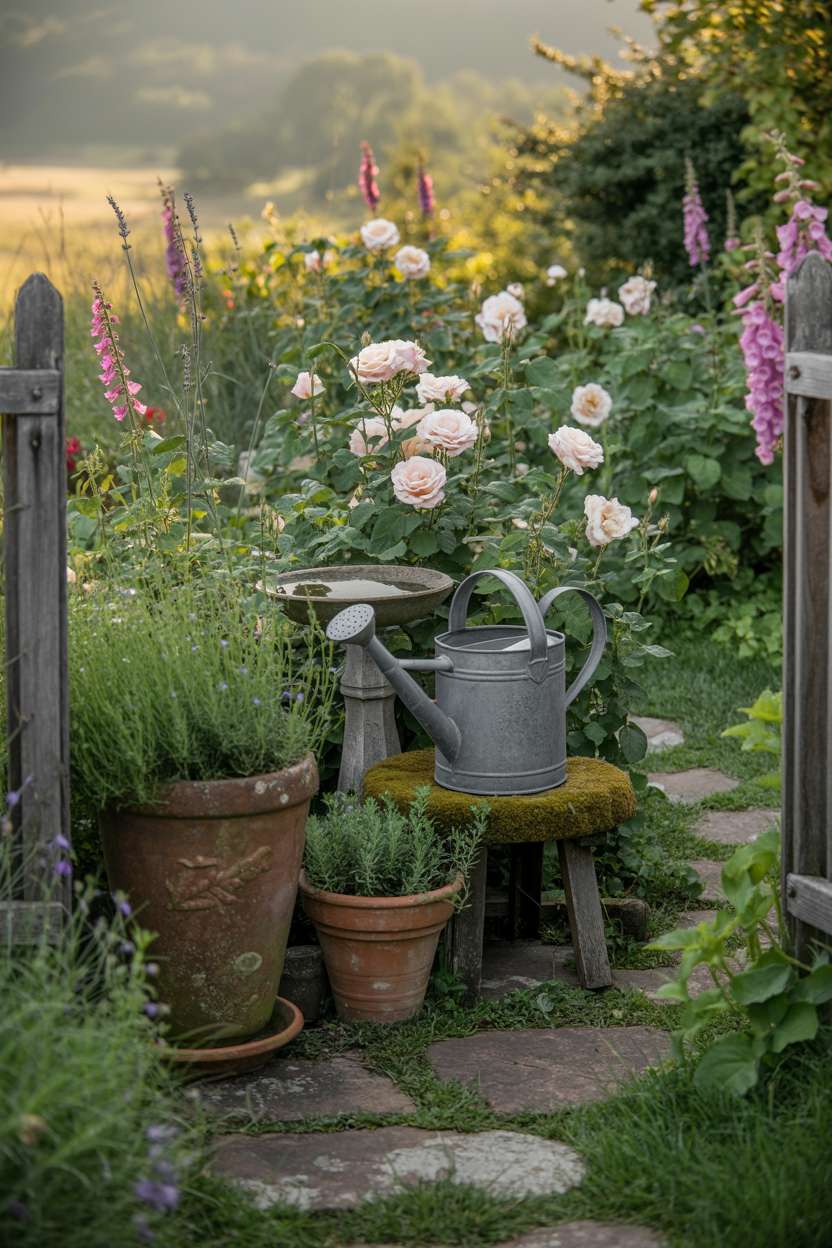 25 Gorgeous Vintage Garden Decor Ideas for Timeless Beauty 22 Stone path through roses, lavender, and foxgloves with vintage watering can beside birdbath and moss-covered terracotta pots
