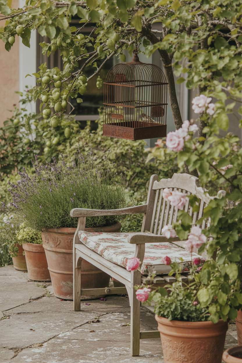 25 Gorgeous Vintage Garden Decor Ideas for Timeless Beauty 23 Weathered wooden bench with floral cushion among terracotta pots filled with lavender and roses, with hanging iron birdcage