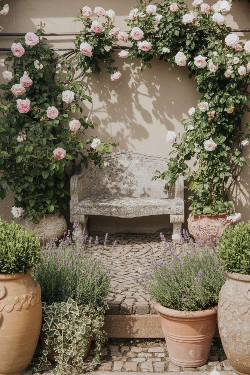 25 Gorgeous Vintage Garden Decor Ideas for Timeless Beauty 24 Winding cobblestone path leading to weathered stone bench with climbing roses and antique terracotta pots filled with lavender
